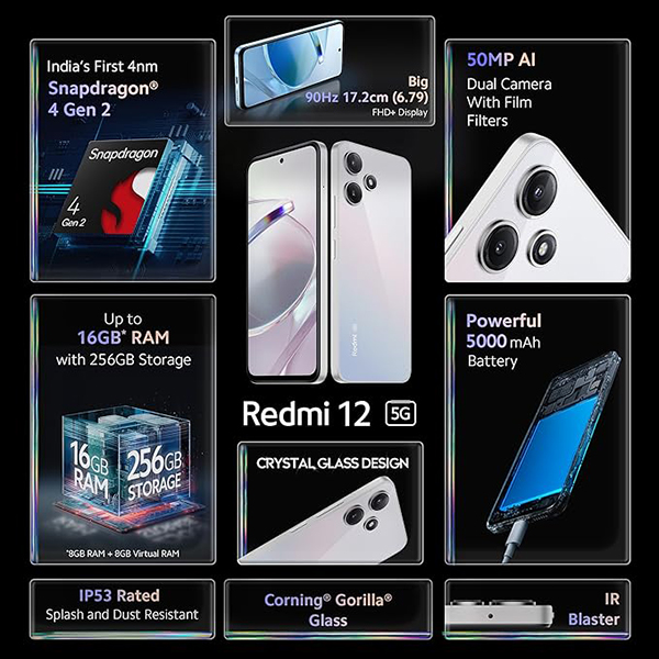 Buy Redmi 12 5G 8 GB RAM 256 GB Moonstone Silver Mobile Phone - Vasanth and Co